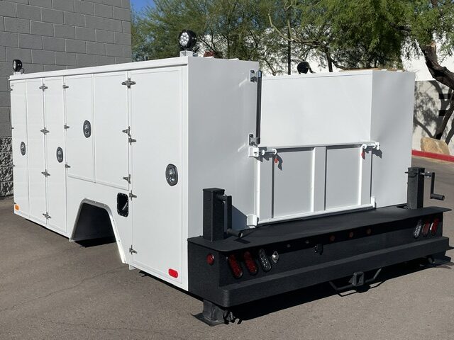 Watt Ventures service body, rear three-quarter view with tailgate down