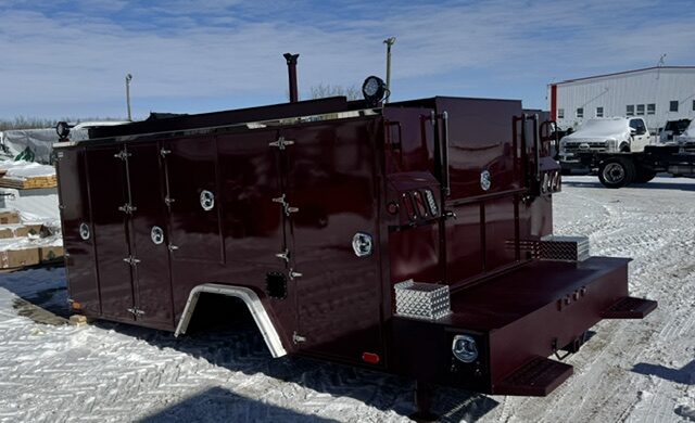 Watt Ventures service body, maroon finish, exterior view